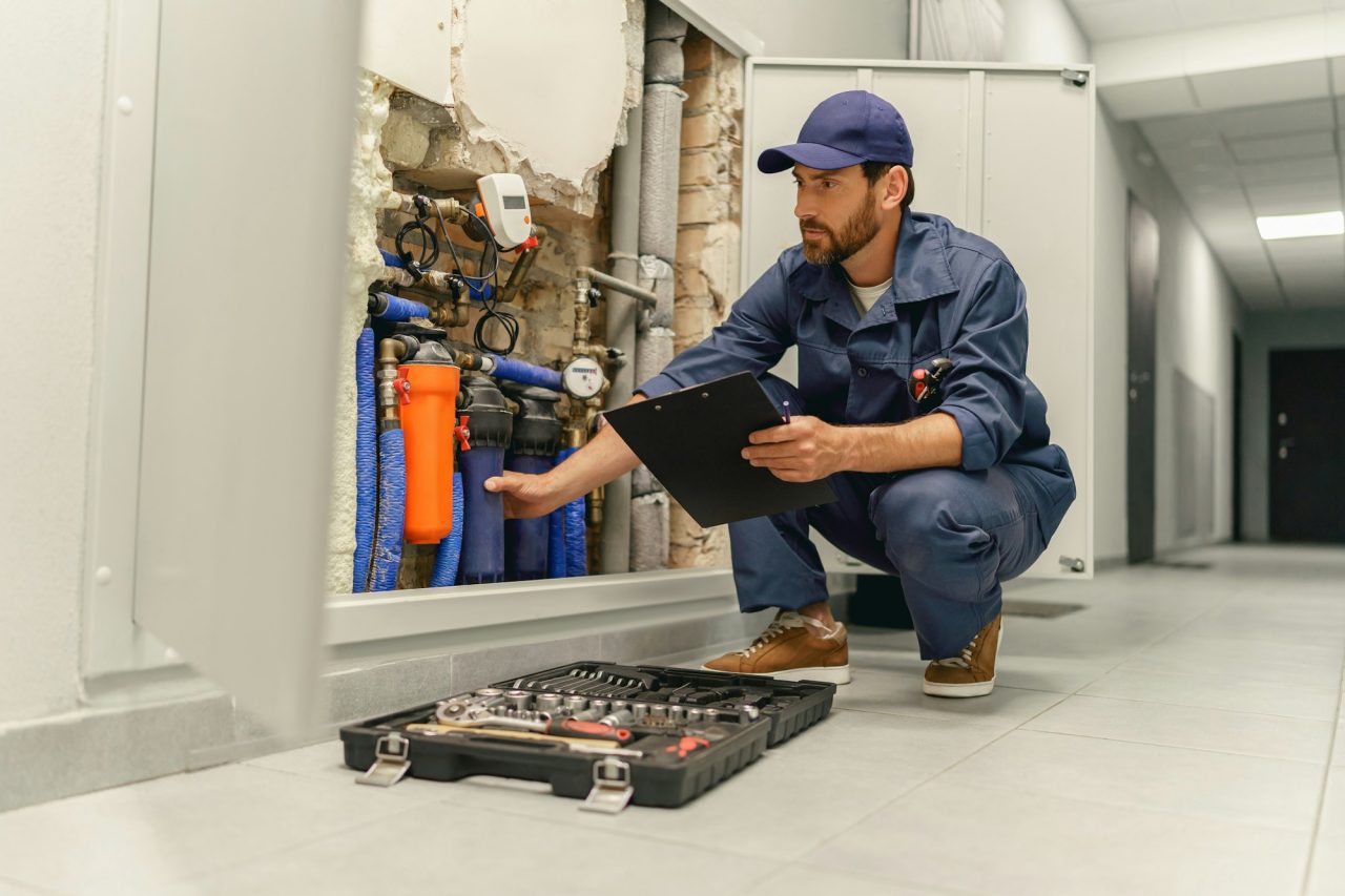 male-plumber-diagnoses-pipes-in-water-supply-system-before-repairing-and-makes-notes-in-clipboard